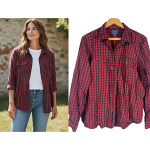Chaps Ralph Lauren Shirt Scotch Plaid Red Black Check Plaid Button Up Womens XL